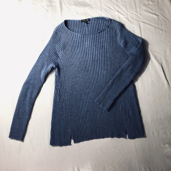Eileen Fisher Teal Blue Merino Wool Ribbed Knit Sweater Pullover Top Sz Large - Picture 1 of 10